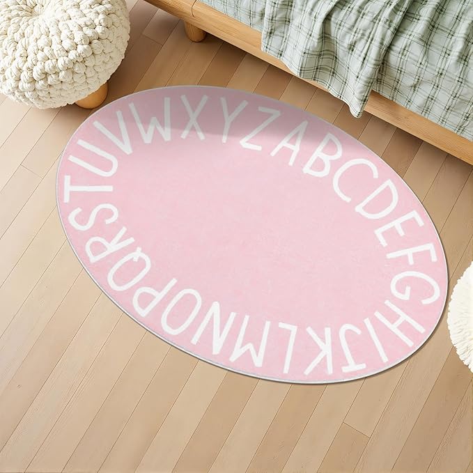 Topotdor Oval Kids Play Rug Alphabet Nursery Area Rug Extra Large Soft Crawling Play Mat for Children Toddlers Bedroom (47x70 inch, Pink)
