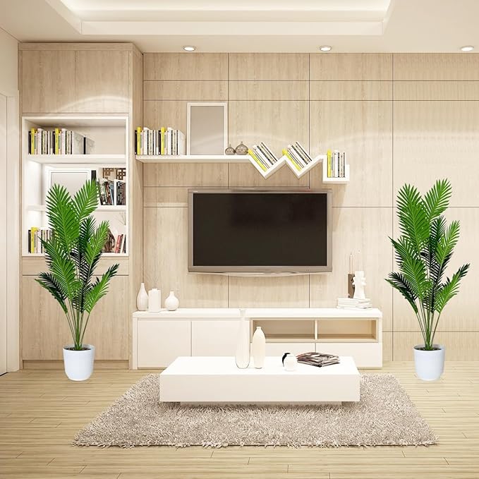 SAJANDAS Set of 2 Artificial Areca Palm Plants in Pots, 50 Inch Fake Tropical Palm Trees with Greenery Leaves and Stems, Faux Dypsis Lutescens Floor Plants for Garden, Store, Office, Home Decoration