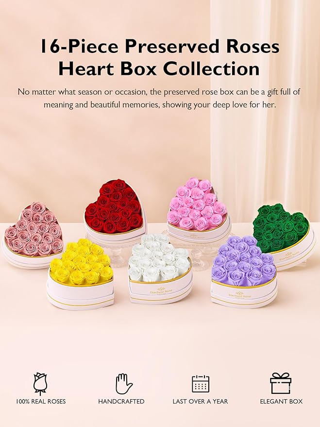 Eterfield 16 Forever Flowers in Heart Shape Box, Preserved Roses That Last a Year Preserved Flowers Birthday Gifts for Her Mom Women Wife Anniversary Valentines Day Mothers Day, Light Purple