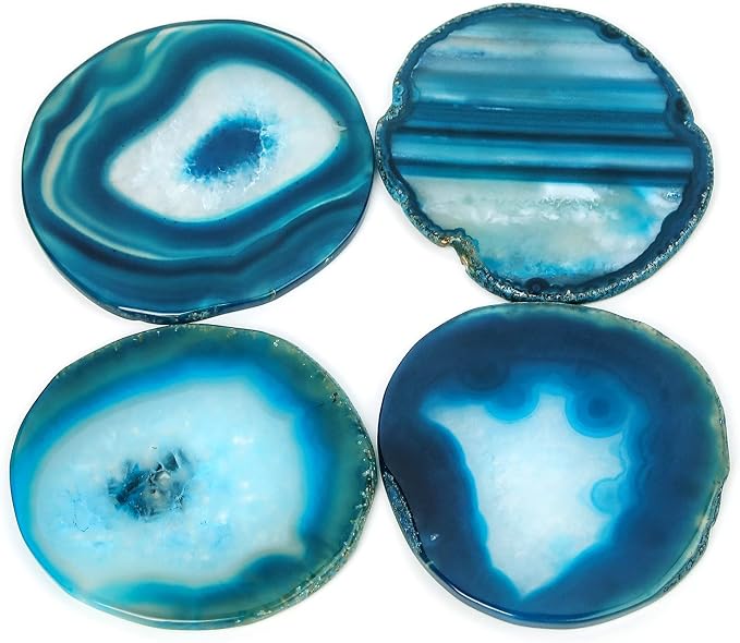 Natural Blue Agate Coasters for Drinks Set of 4 | Natural Stone Coasters 3.5-4", Decorative Gemstone Coasters for Coffee Table, Bar or Desk, Housewarming Gift for Friends