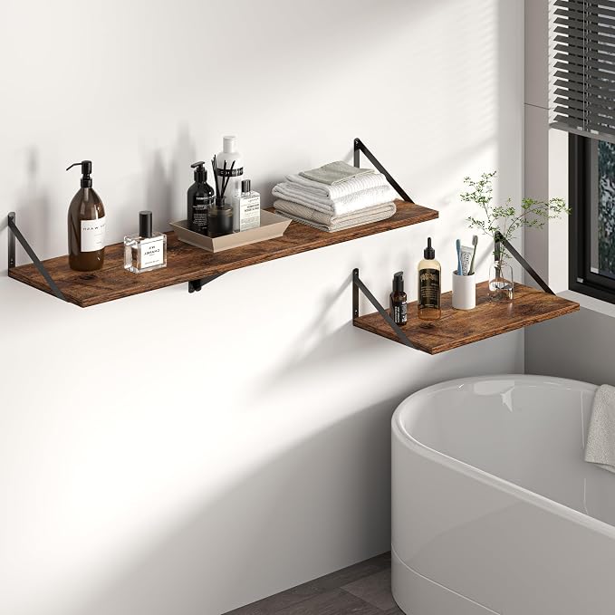 Heimlove Deep Floating Shelves for Wall, 40W x 12D Wood Wall Shelves Set of 2, Wide Floating Bookshelf for Living Room, Kitchen, Office, Bedroom and Decor Storage, with Metal Bracket - Rustic Brown