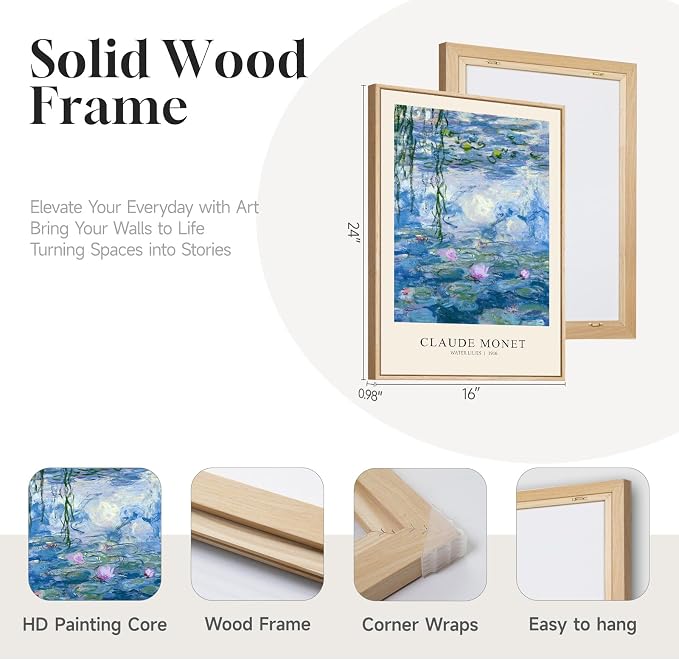 Framed Claude Monet Landscape Wall Art for Living Room, 3 Piece Impressionist Canvas Picture Artwork for Walls, Classic Blue Lake Water Lilies Prints Painting for Bedroom Dining Room Hallway, 16x24 In