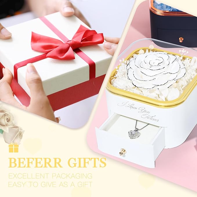 Beferr Birthday Gifts for Women Preserved Real Rose with Necklace Eternal Roses Forever Flowers for Delivery Anniversary Mothers Gifts for Mom Her Grandma Wife Sister from Daughter Son
