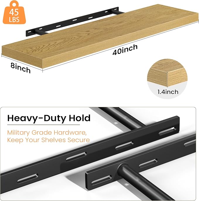 Fun Memories Floating Shelves for Wall, 40 Inch Long Set of 2 Rustic Wood Wall Shelves with Invisible Brackets, Heavy Duty Storage Display for Living Room Bedroom Kitchen, Oak