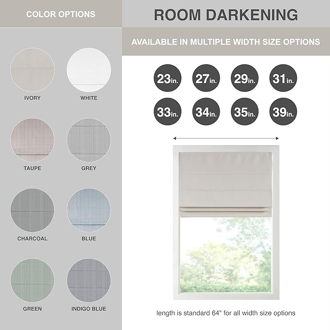 Madison Park Galen Cordless Roman Shade, 23"W x 64"H, Sheen Ivory – Room Darkening, Thermal Insulated, Energy Efficient Window Blind with Subtle Sheen Basketweave Fabric for Privacy