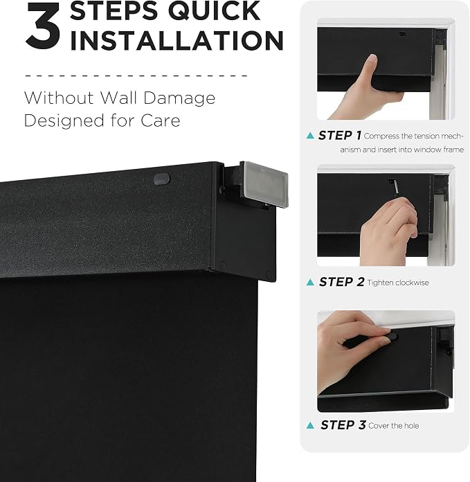Joydeco No Drill Blackout Shades, Free-Stop Cordless Roller Shades, UV Protection, Thermal Insulated Blinds for Indoor Windows, Easy Install Window Blinds for Home and Office (Black, 33" W X 75" H)