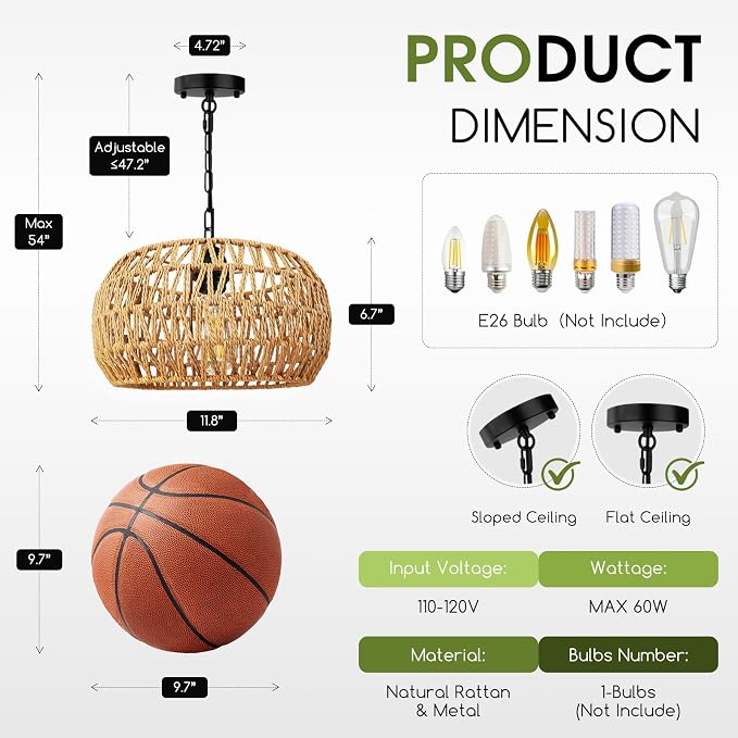 11.8" Rattan Pendant Light, 1-Light Boho Rattan Chandelier Light Fixture, Small Hand Woven Pendant Lighting for Kitchen Island, Living Room, Bedroom, Hallway, Foyer
