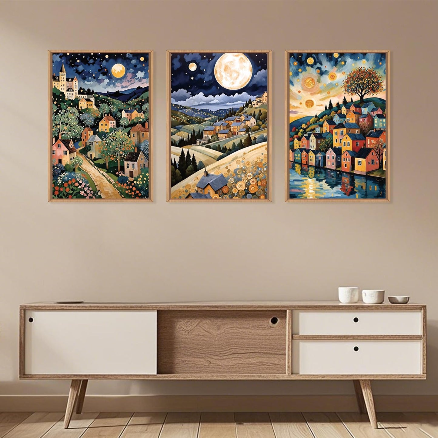 LHIUEM Large Abstract Colorful Framed Canvas Wall Art,Retro Night Village Wall Decor,Natural Moon Stars Wall Painting,Gustav Klimt Scenery Artwork for Living Room,Bedroom,Dining Room,Office -24"x36"x3