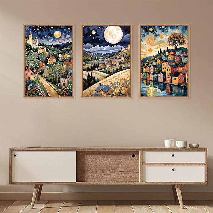 LHIUEM Large Abstract Colorful Framed Canvas Wall Art,Retro Night Village Wall Decor,Natural Moon Stars Wall Painting,Gustav Klimt Scenery Artwork for Living Room,Bedroom,Dining Room,Office -16"x24"x3