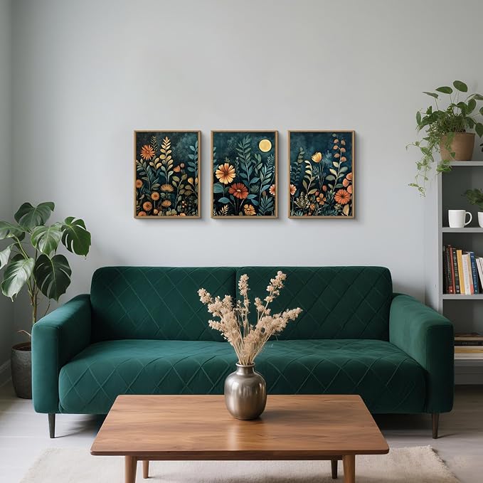 Vintage Botanical Framed Canvas Wall Art Set, Dark Floral Wall Decor, Nature Wildflower Wall Painting, Colorful Blossom Art Prints for Living Room, Bedroom, Office - 12"X16"X3