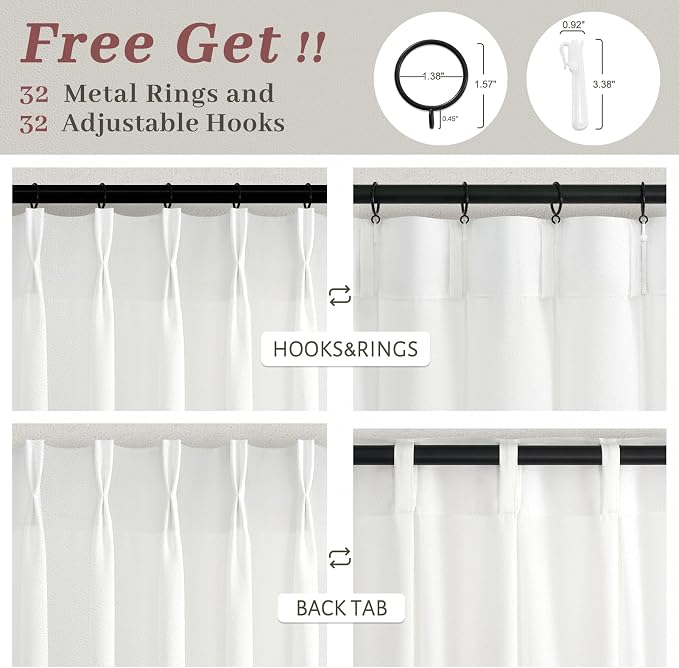 102 Inch Extra Long Pure White Curtains for Sliding Glass Doors 4 Panels Set, Memory Shape Pinch Pleat Semi Sheer Thick Natural Linen Blend Curtain Light Filtering Non See Through Luxury Window Drapes