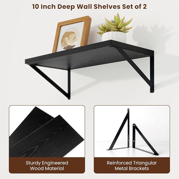 Axeman Deep Floating Shelves | 20 Inch Black Wall Shelves Set of 2 | 10 Inch Deep Rustic Wood Shelves for Wall | 20'' W x 10''D Black Shelves for Living Room Bathroom Kitchen