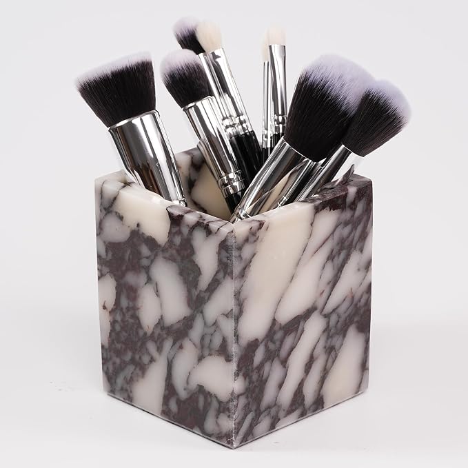 Marble Makeup Brush Holder - Viola Candle Toothbrush Cup For Bathroom Accessories, Decorative Pencil Organizer For Office Desk Aesthetic, Stone Utensil Container For Kitchen Countertop
