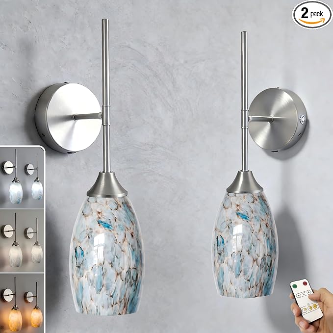 Brushed Nickel Battery Operated Wall Sconces Set of 2, Rechargeable Wireless Wall Lights, Touch & Remote Control, Dimmable 3 Color Temperatures, Magnetic Mount Hand-Blown Glass Sconce