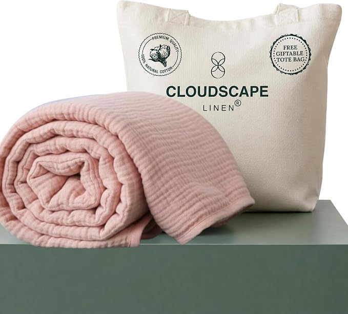CLOUDSCAPE 4 Layer Muslin Blanket for Adults - 100% Cotton Throw Blanket, 50"x70" Oversized Gauze Throw for Sofa, Couch -Soft Lightweight Breathable Muslin Cotton Comforter for Summer - Seashell Pink