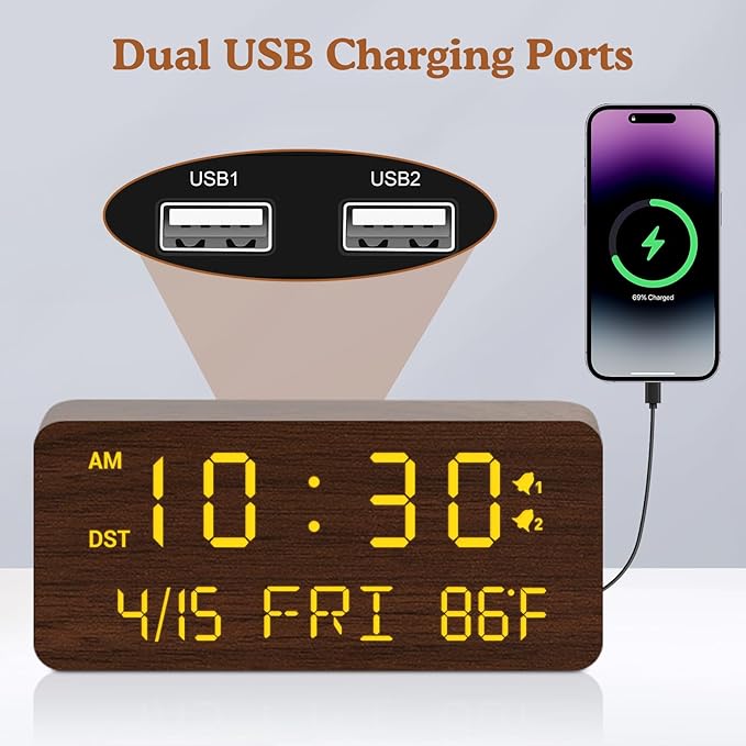 Andoolex Wooden Digital Alarm Clock with Wireless Charging, 0-100% Adjustable Brightness Dimmer and Alarm Volume, Weekday/Weekend Mode, Dual Alarm, Snooze, 12/24H, Wood LED Clock for Bedroom (Brown)