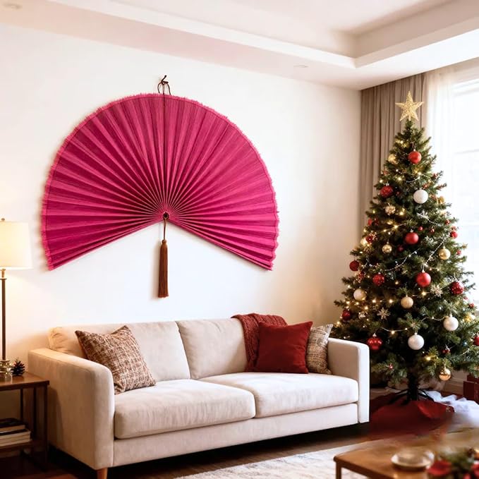 ChumDecor Fan Wall Decor,Large Bamboo Fan Wall Art for Boho Hanging Headboard,Decorative Folding Fan for Over Bed Decorations, (Pink, 31inch)