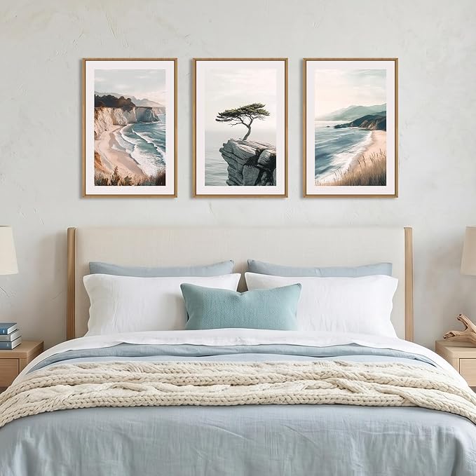 Amalfi Coastal Beach Framed Canvas Wall Art Set, Summer Ocean Wall Decor, Southwestern Beach Wall Painting, Ocean Seascape Art Prints for Living Room, Bedroom, Dining Room-16"x24"x3
