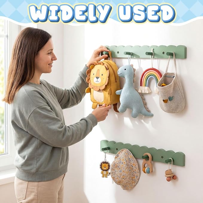 Leinuosen 2 Pack Scalloped Coat Rack Wall Mount Cute Nursery Wall Hook 16 Inch 8 Hooks Wooden Backpack Hanger for Toddler Kids Clothes Hat Towel Keys Bathroom Classroom Playroom Nursery Decor