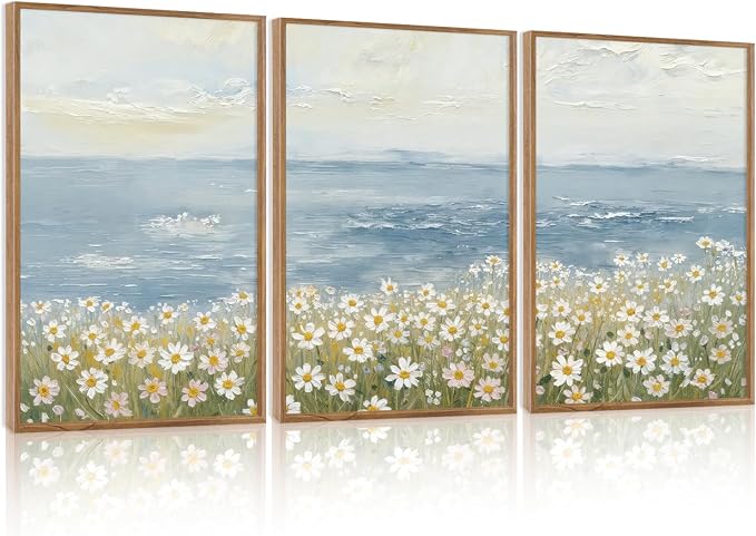 TOARTi Large Framed Coastal Wildflower Canvas Wall Art Set,Watercolor Beach Daisy Flower Ocean Wall Decor,Nature Seaside Landscapes Art Prints for Farmhouse Home Living Room Bedroom Office-24”x35”x3