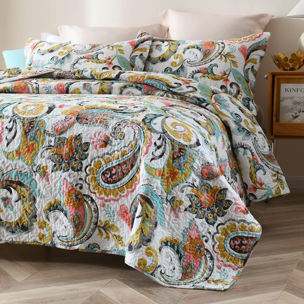 Autumn Dream Cotton Bedspread Quilt Sets, 3 Pieces Reversible Comforter Coverlet Sets,White Floral Paisley,Queen Size