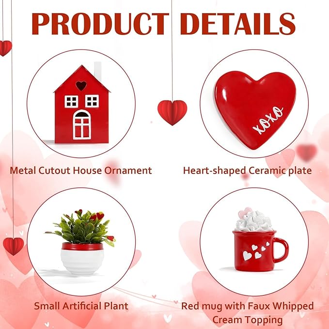 Valentine's Day Decorations 8 PCS Tiered Tray Decor Set, Cute Tabletop Valentine Décor for Home Office Shelf Mantel Coffee Bar Romantic Table Centerpieces Tray Objects Decoration Set