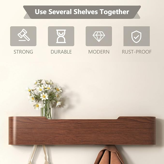 Wall Mounted Coat Rack with Shelf, Wooden Entryway Organizer with Hidden Metal Hooks for Hanging Coats Bags Keys, Modern Floating Shelf for Hallway Bathroom