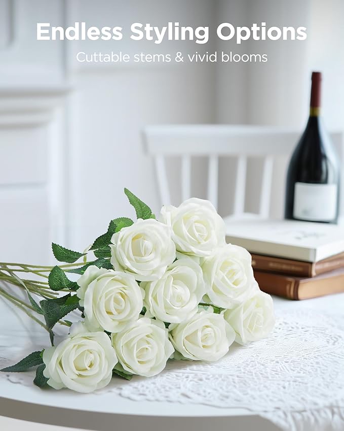 InnoGear 100 Pcs White Roses Artificial Flowers, Fake Velvet Silk Rose Bulk Faux Flower for Decoration DIY Wedding Centerpieces Proposal Bridal Bouquets Shower Party Home Floral Decor (100, White)