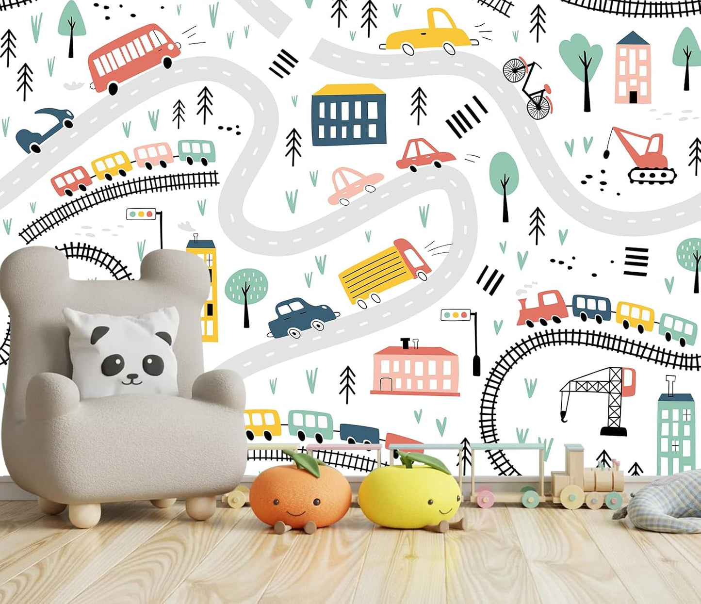 Cartoon Car Roadmap Wall Mural Bus Wallpaper for Kids Room Bedroom Living Room(Not Peel and Stick)