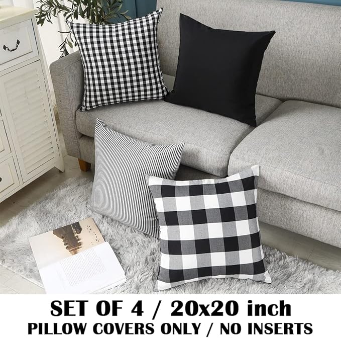 CARRIE HOME Buffalo Plaid Black Throw Pillow Covers 20x20 Set of 4 Decorative Black Outdoor Pillow Covers for Patio and Porch