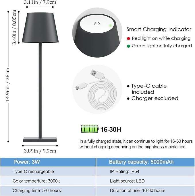 2 Packs LED Cordless Table Lamp, Rechargeable Battery Desk lamp 5000mAh Battery Operated Stepless Dimming Modern Portable Table Light for Restaurant/Table/Bedroom/Outdoor IP54 Waterproof (Anthracite)