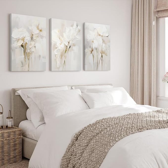 Neutral Wall Art Abstract Floral Canvas Pictures Beige Flower Wall Decor Modern Painting Minimalist Poster Abstract Botanical Prints White Artwork for Bedroom Living Room 16x24x3 Inch Ready to Hang