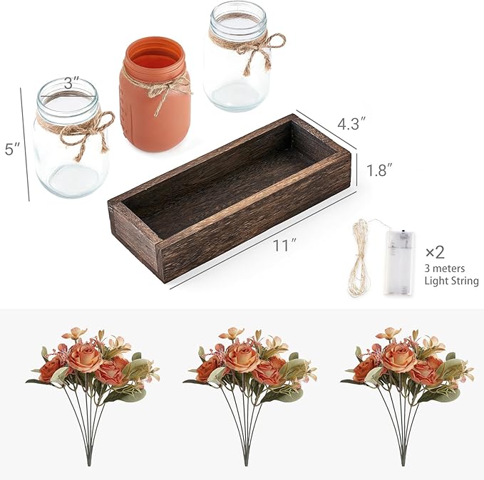 Mkono Mason Jar Lights Centerpiece Table Decorations for Dining Room Farmhouse Coffee Table Decor Tray with 3 Jars Flowers Centerpieces Valentines Day Decor for Kitchen Living Dining Room, Orange