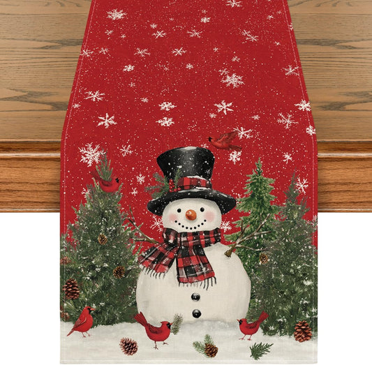 Artoid Mode Snowman Christmas Birds Trees Table Runner, Seasonal Winter Xmas Holiday Kitchen Dining Table Decoration for Indoor Outdoor Home Party Decor 13 x 120 Inch
