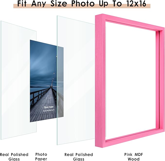 MUYE 12x16 Floating Frame Set of 2,Double Real Glass Photo Frame,Display Any Size Photo up to 12x16,Wall Mount or Tabletop Standing,Pink