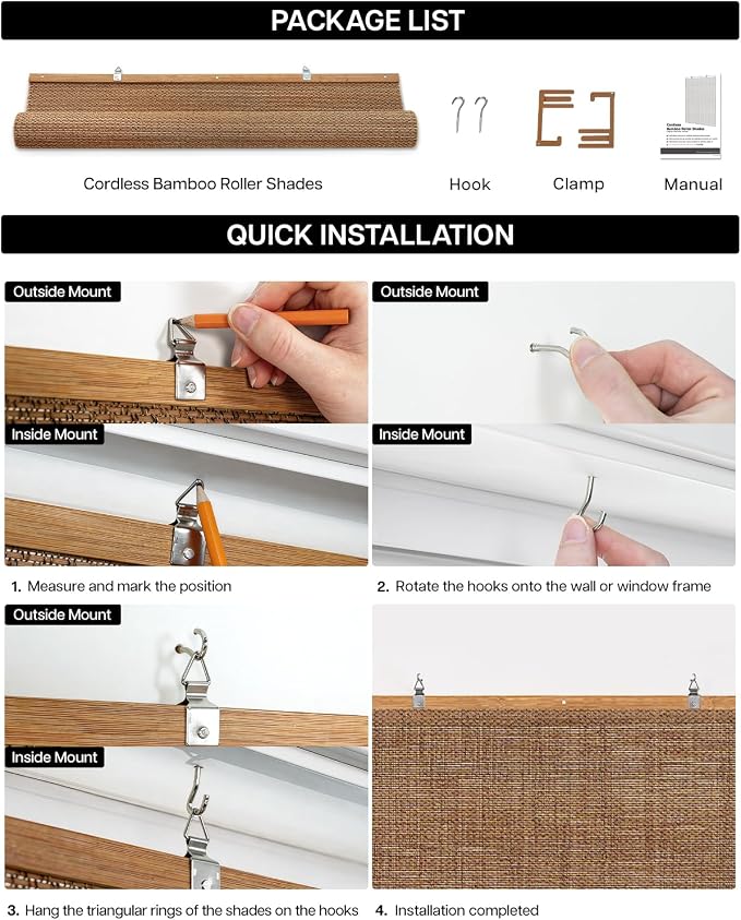 LazBlinds Manual Roll-up Bamboo Blinds, 33" W x 48" H, Star-Grey | Easy Install Roller Shades for Windows, Hook-On Light Filtering Bamboo Shades for Interior Indoor Windows