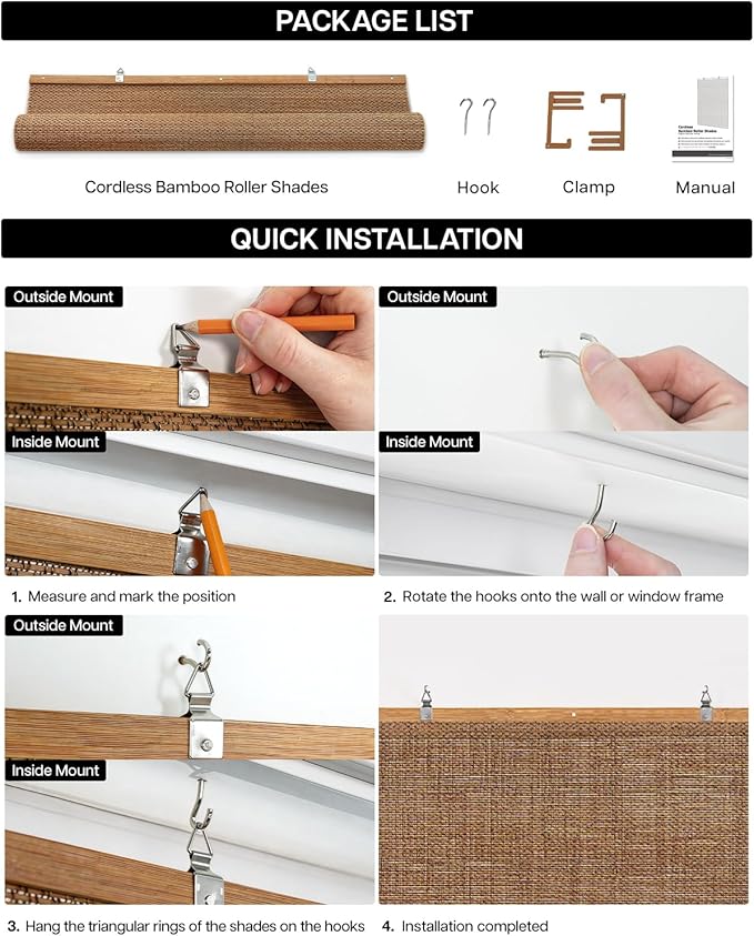 LazBlinds Manual Roll-up Bamboo Blinds, 48" W x 72" H, Star-Beige | Easy Install Roller Shades for Windows, Hook-On Light Filtering Bamboo Shades for Interior Indoor Windows