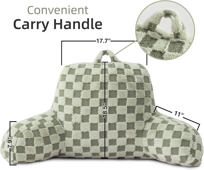 A Nice Night Faux Fur Reading Pillow,Checkered Fluffy Grid Plaid,Bed Wedge Pillow Large Adult Children Backrest with Arms for Bedrest,Green