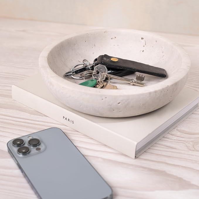Shelf & Nook Travertine Decorative Bowls for Home Decor. Key Bowl for Entryway Table in a Choice of 5 Colors (White/Gray, Small)
