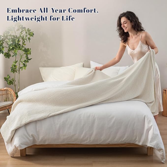 PHF 100% Cotton Muslin Blanket Queen Size 90"x90", 4-Layer Lightweight Gauze Throw, Breathable Cloud-Soft Minimalist Blanket for Bed, Couch, Camping & Baby, Oat Milk, Ideal Gift