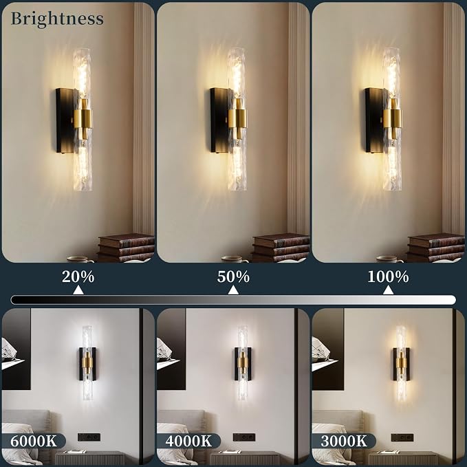 Rechargeable Wall Sconce Set of 2, Battery Operated Wall Sconce, Wireless Wall Lamp with Water Ripples Glass Tube, Non-Hardwired Wall Sconces, Modern Vanity Light Fixtures for Bedroom, Hallway, Aisle