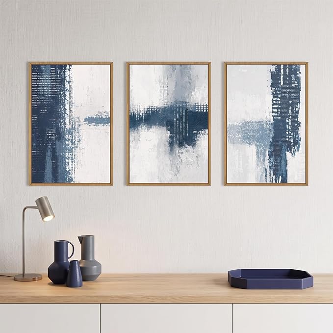 Large Abstract Navy Blue Grey Framed Canvas Wall Art Set,Neutral Minimalist Brush Stroke Wall Decor,Modern Blue Color Block Artwork for Living Room,Bedroom,Dining Room,Office-24 x36 x3
