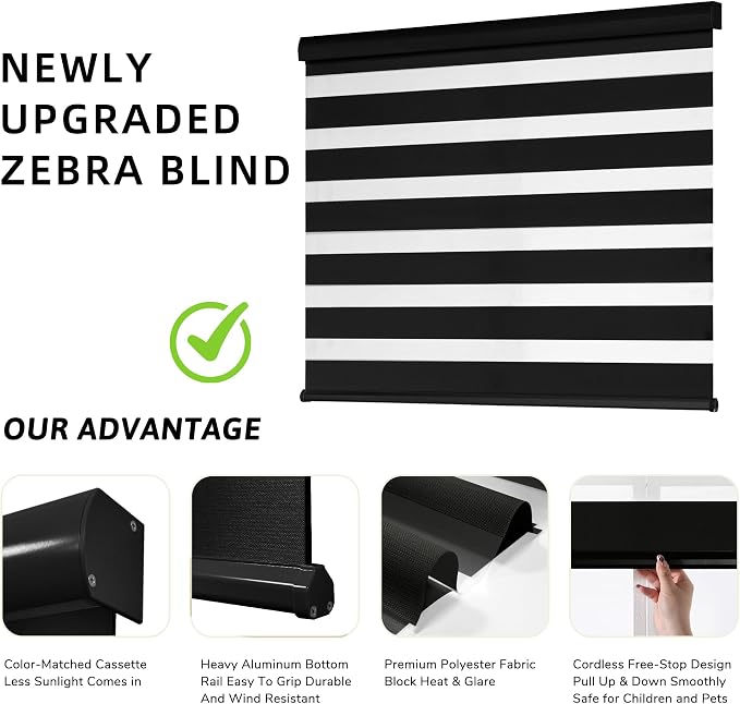 ChrisDowa Cordless Zebra Blinds for Windows, Dual Layer Free-Stop Light Filtering Window Roller Shades, Pull Down Privacy Zebra Shades for Home, Office, Bedroom, Door (46" W x 72" H, Black)