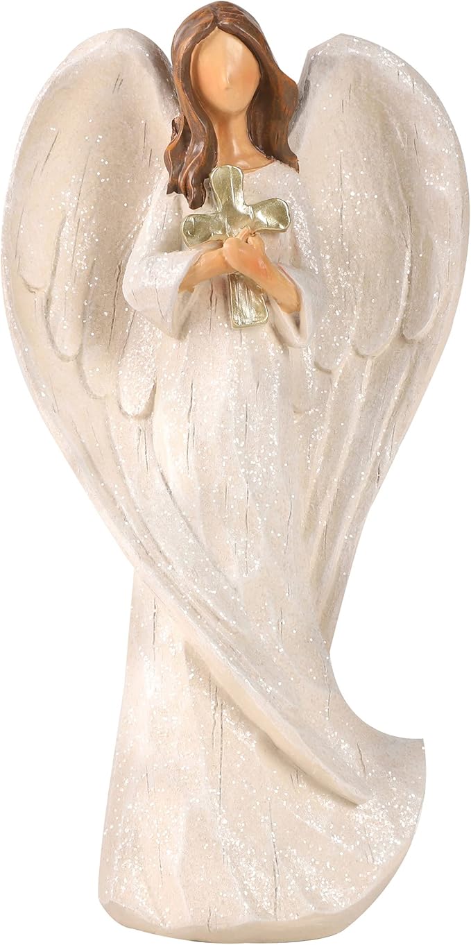 Hodao Cross Angel Figurine Gift, Hand-Painted Resin Guardian Angel Holding Cross, All-Season Meaningful Gift for Mom, Valentine’s Day Love, Easter Blessings & Year-Round Home Decor