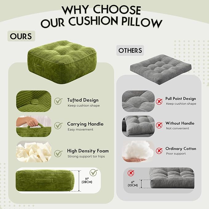 11" Thick Washable Floor Pillow for Adults, Yoga & Meditation Cushion with Handle, Square Large Pillows Seating with Removable Tufted Corduroy Cover for Tatami Living Room Board Games, Green