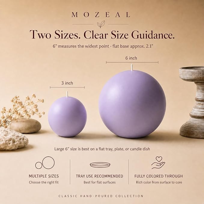 MOZEAL Hand-Poured, 3 Inch Lavender Round Ball Candles - Elegant Lavender Round Pillar Candles Set of 3, Dripless, Unscented, Smokeless, Ideal for Spa and Relaxation Themes.