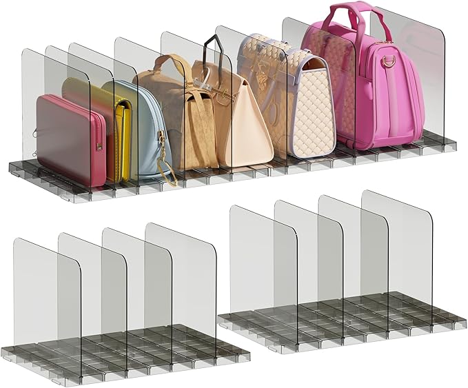 PAVSTINE Purse Organizer for Closet, Stackable Handbag Storage Shelf, Adjustable Clear Shelf Dividers, Keep Clutch, Bag, Pocketbook Upright, for Bedroom (Black)