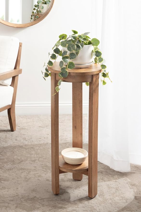 Kate and Laurel Foxford Tiered Round Drink Table, 12 x 12 x 30, Natural Brown, Transitional Two-Tier Circle Plant Stand Table for Use as Living Room Pedestal Table or Small Bedroom Nightstand
