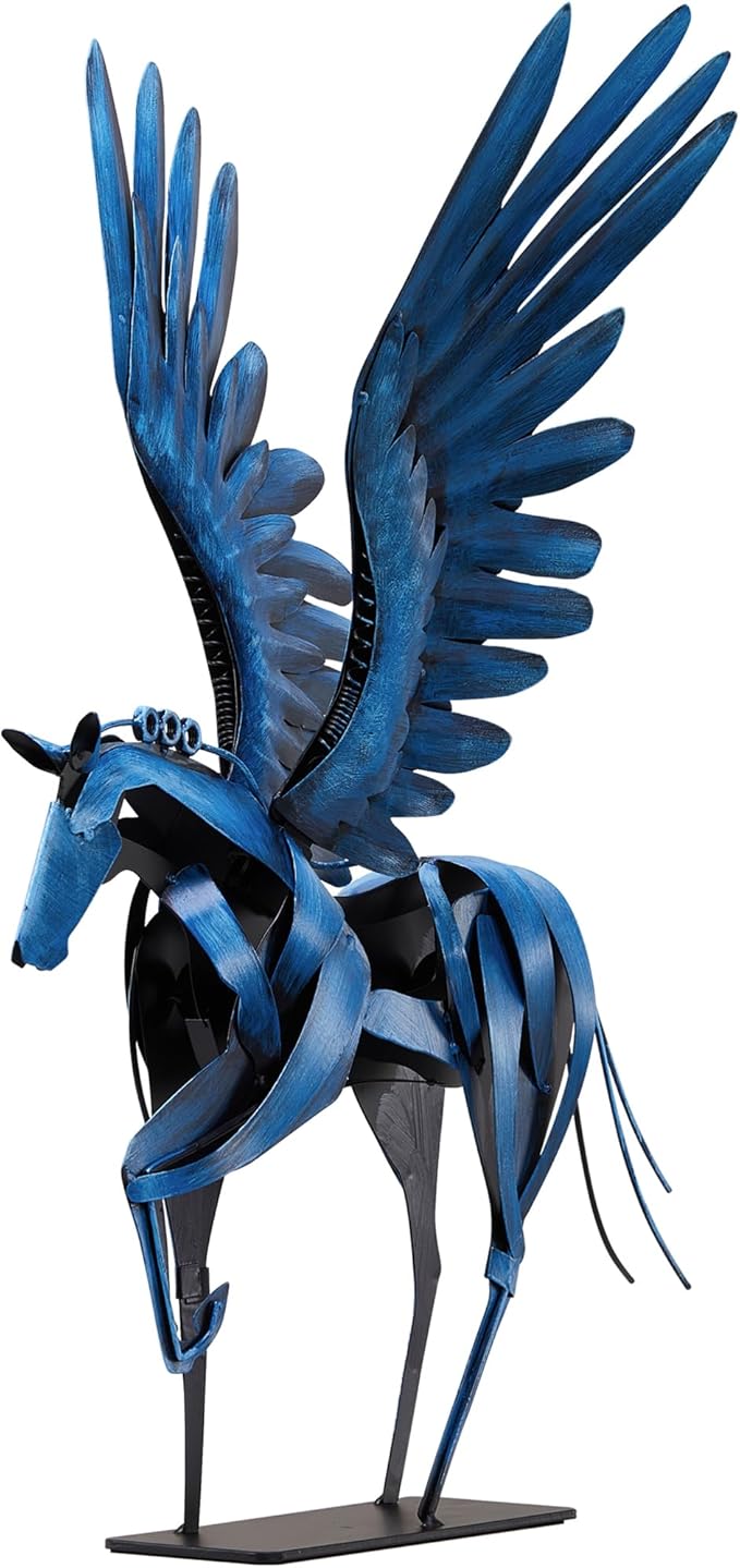 SunBlogs Art Horse Statue Décor Artwork, 24" H Handmade Metal Pegasus Greek Flying Horse Sculpture, Hand-Painted Animal Figurines for Home Living Room Office (Vintage Blue with Wings)