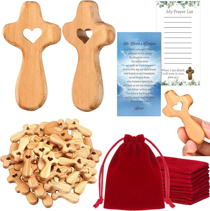 Bucherry 75 Set Olive Wood Cross My Heart Small Pocket Crosses with Bags and Prayer Cards Jesus Christian Holding Hand Crosses Bulk for Christmas Baptism First Communion Gift (Wood,2.36 Inches)